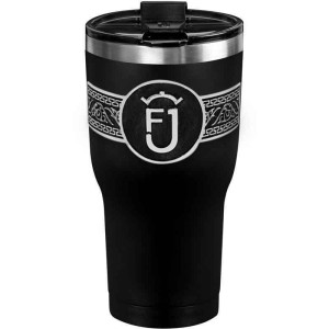 A custom tumbler made of stainless steel with a personalized engraved logo or ranch brand, 30 oz, ideal for coffee or cool drinks